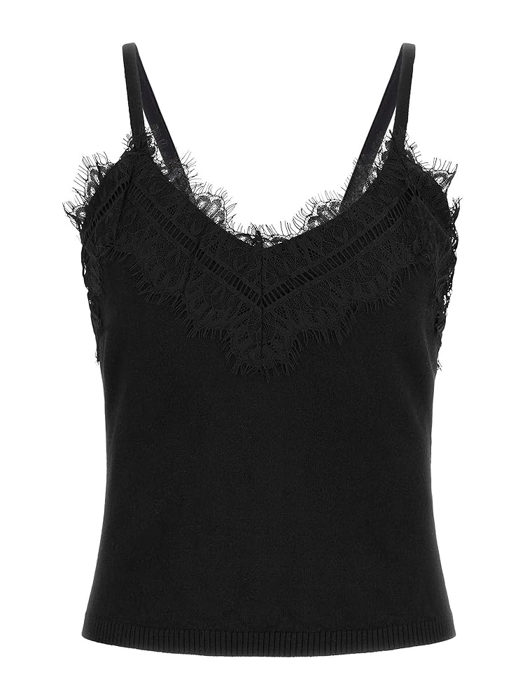 GUESS Women's Sleeveless MENA Lace Trim Sweater Cami, Jet